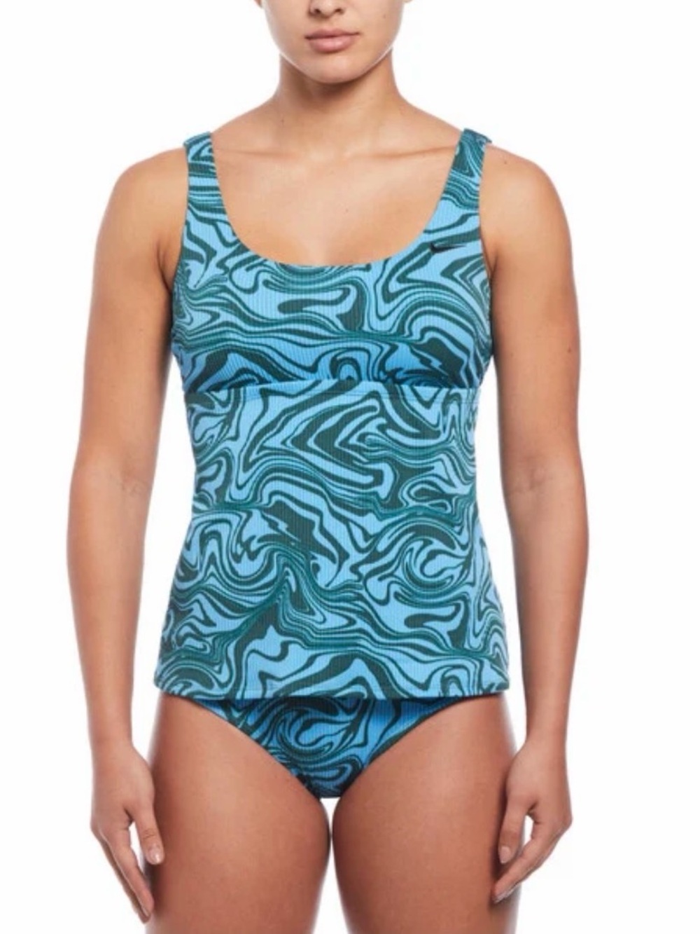 Nike Swirl Scoop Neck Swim Tankini Top Blue Green Women’s L Ribbed